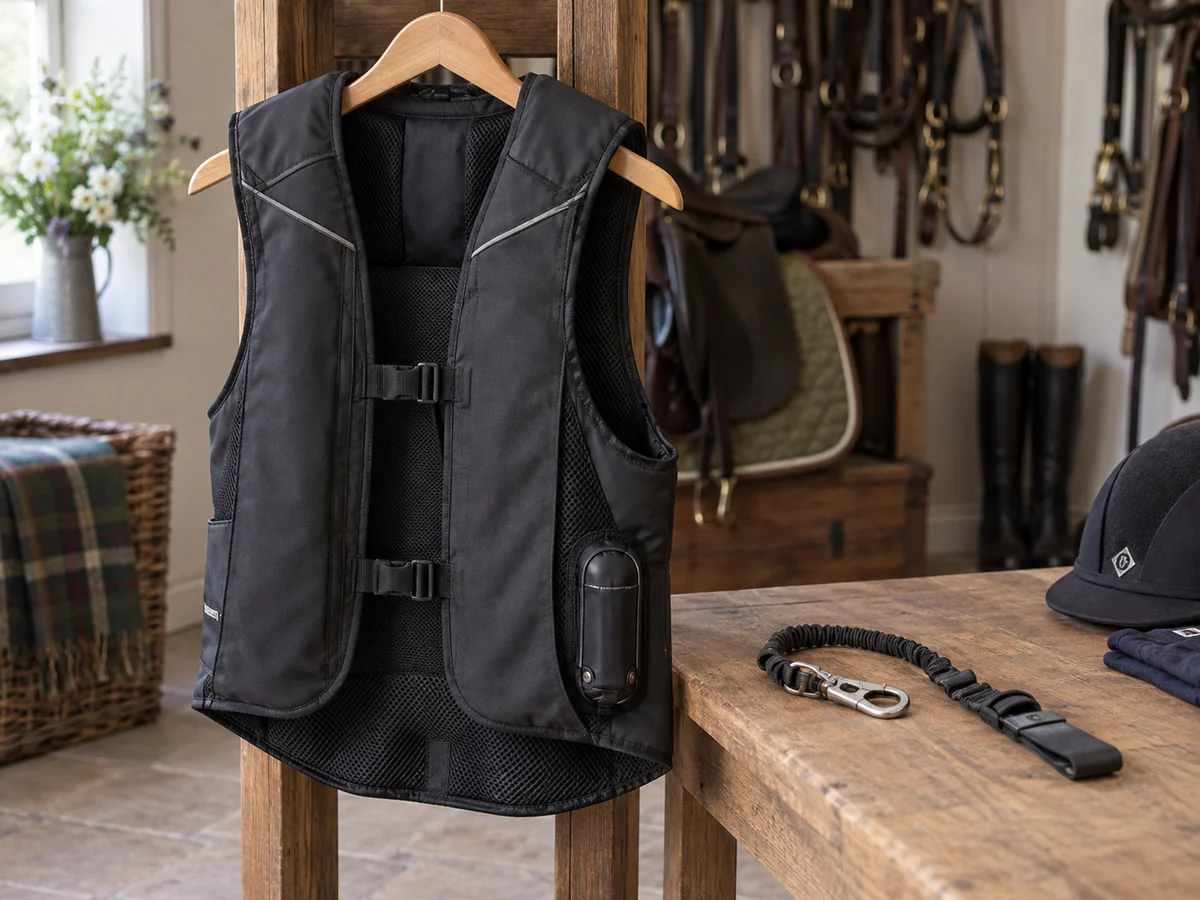 An uninflated equestrian air vest on a hanger beside its detached lanyard.