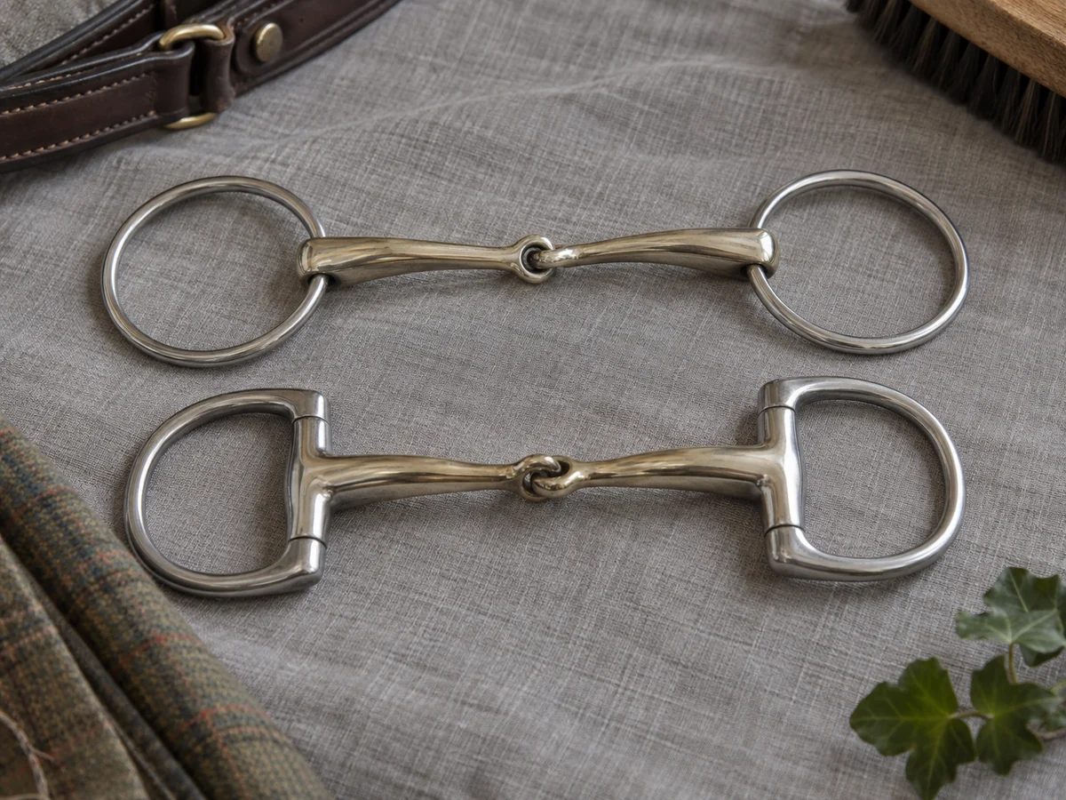 Close product still life of a polished loose-ring snaffle bit beside an eggbutt snaffle bit.