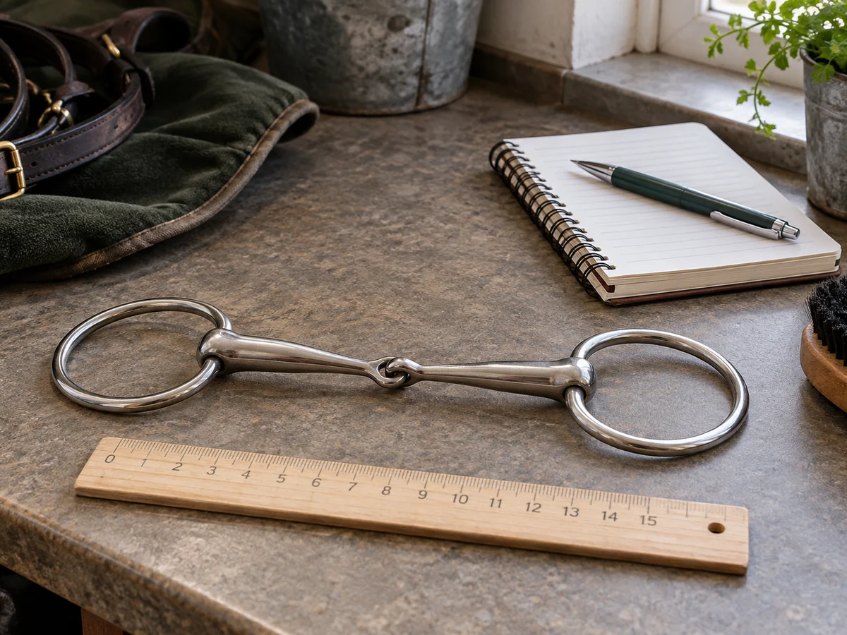 A clean stainless snaffle bit resting beside a plain measuring ruler and notebook on a worktop.