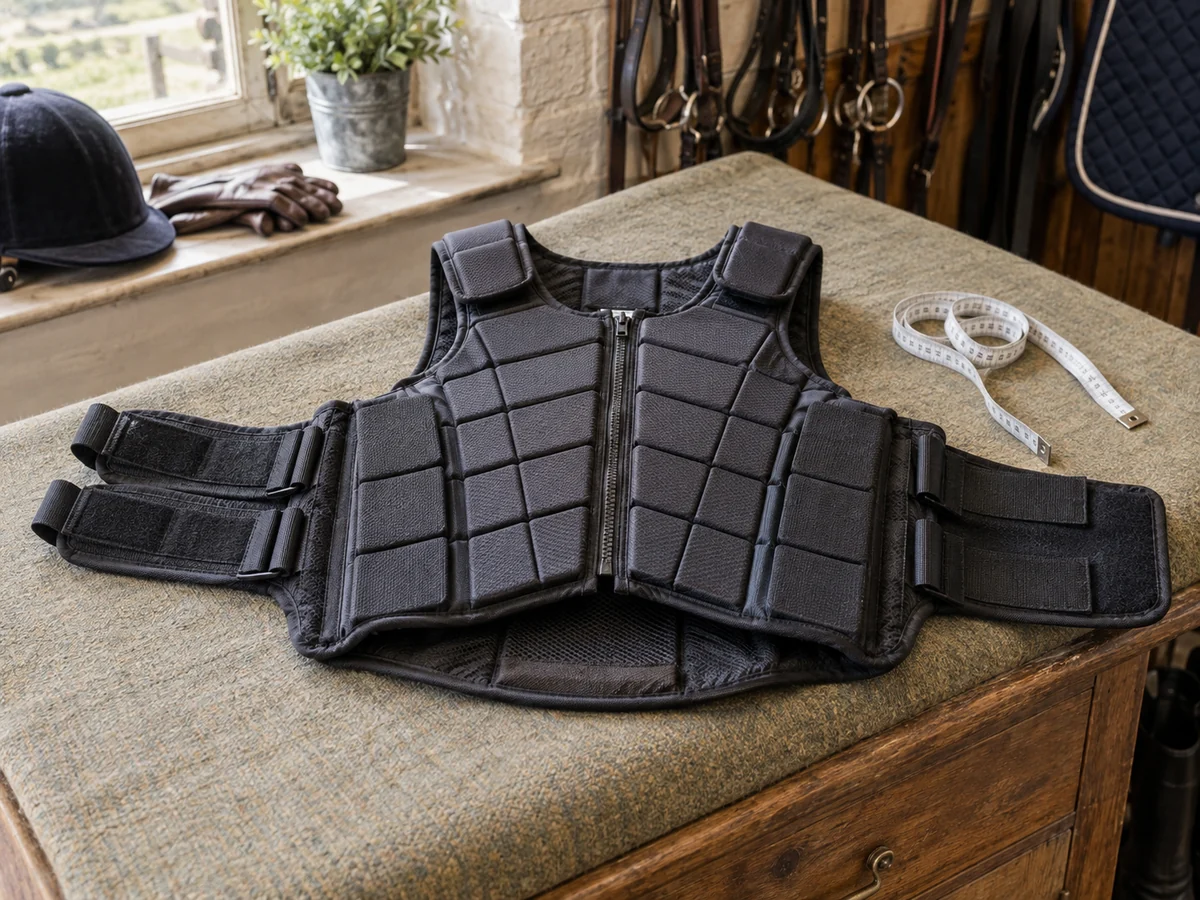 A modern dark segmented equestrian body protector laid flat on a fitting bench with adjustable side straps open.