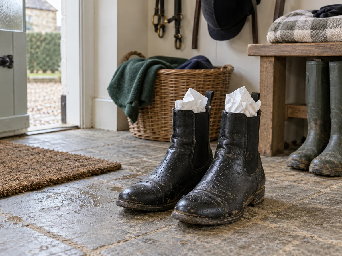 Two damp black paddock boots standing upright with absorbent paper loosely inside them in an airy utility room.