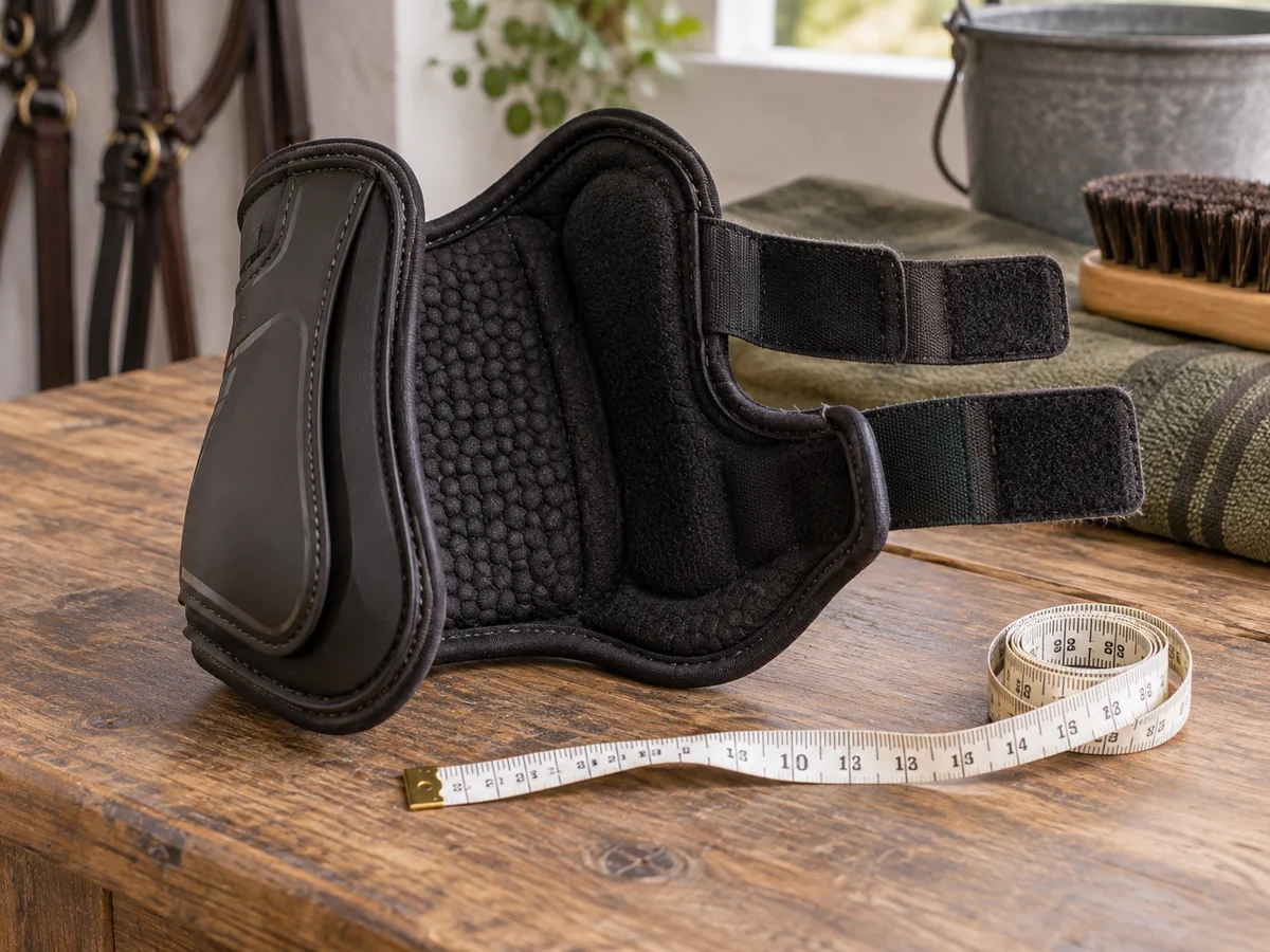 One open horse brushing boot beside a soft measuring tape on a tidy work surface.