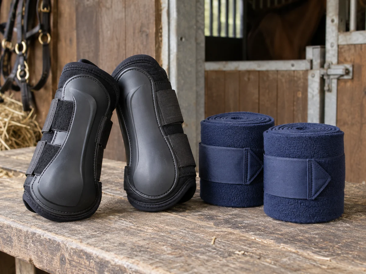 A pair of black horse brushing boots with shaped protective panels alongside two neatly rolled navy fleece exercise bandages on a stable bench.