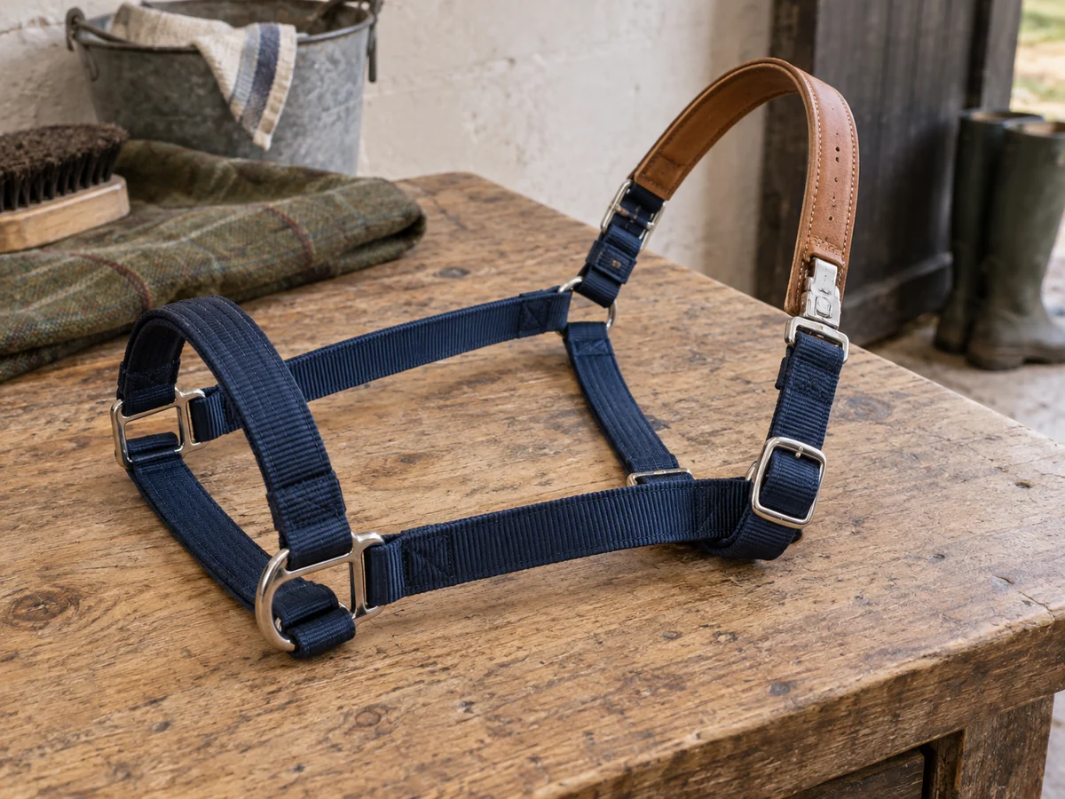 Close-up of a nylon horse headcollar with a replaceable tan leather crown section laid on a clean bench.