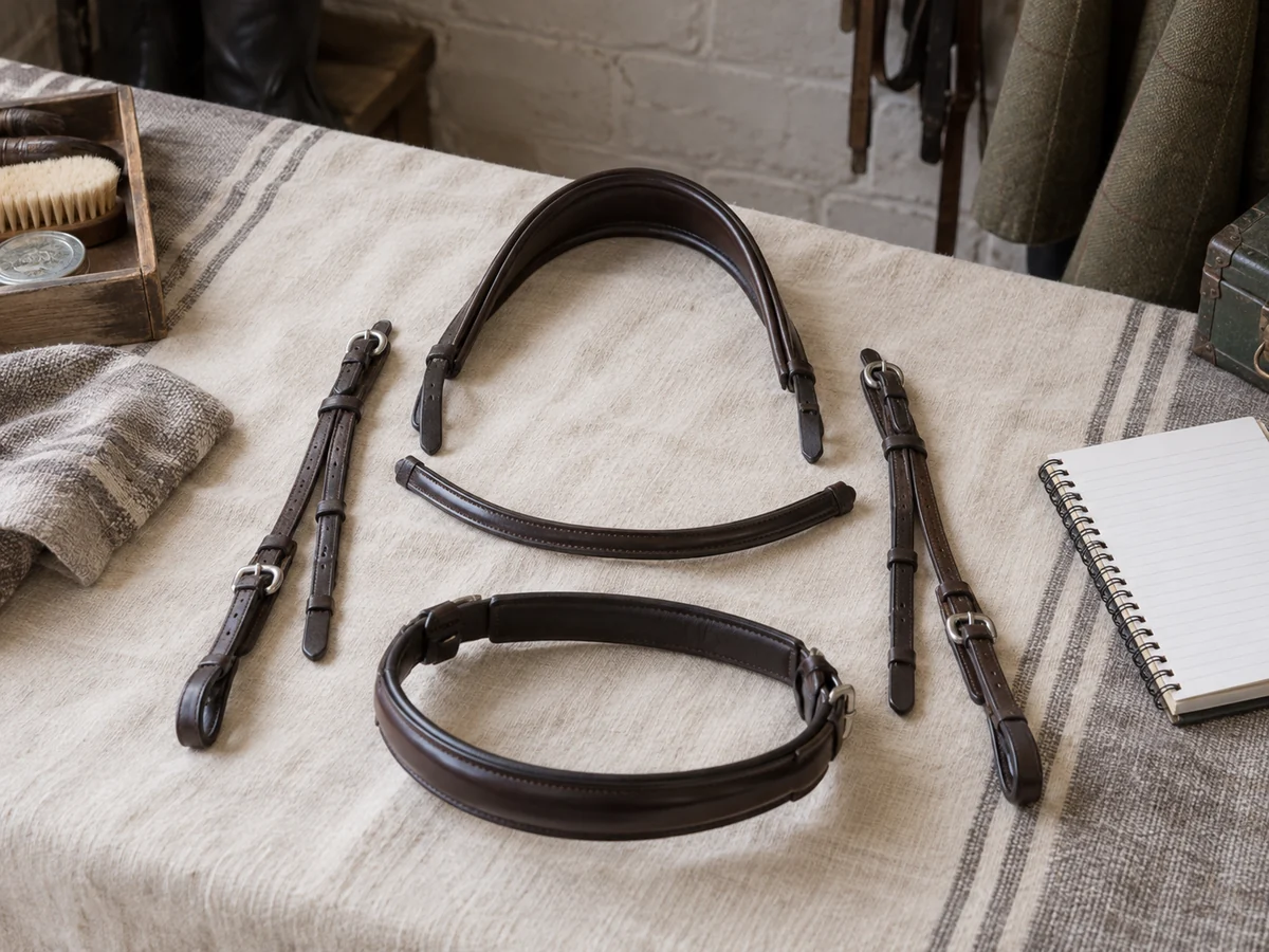 A disassembled plain leather English bridle arranged carefully by component on cream fabric.