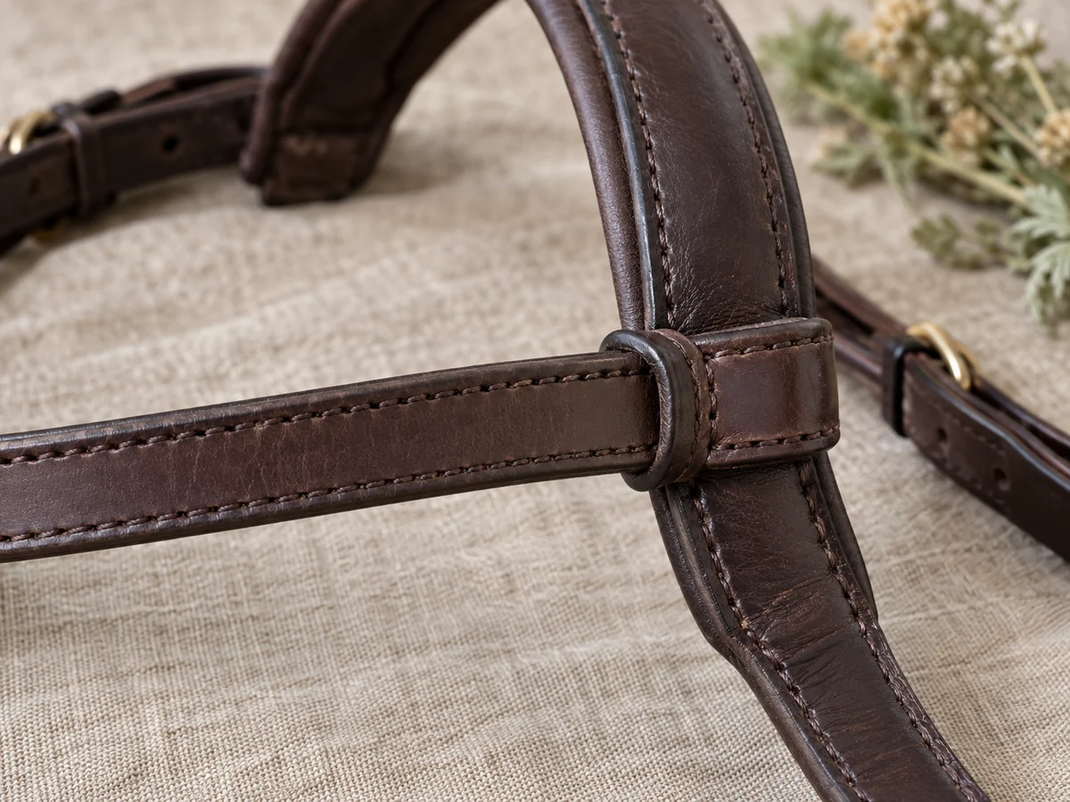 Macro view of the end loop of a plain leather equestrian browband threaded over a padded bridle headpiece.