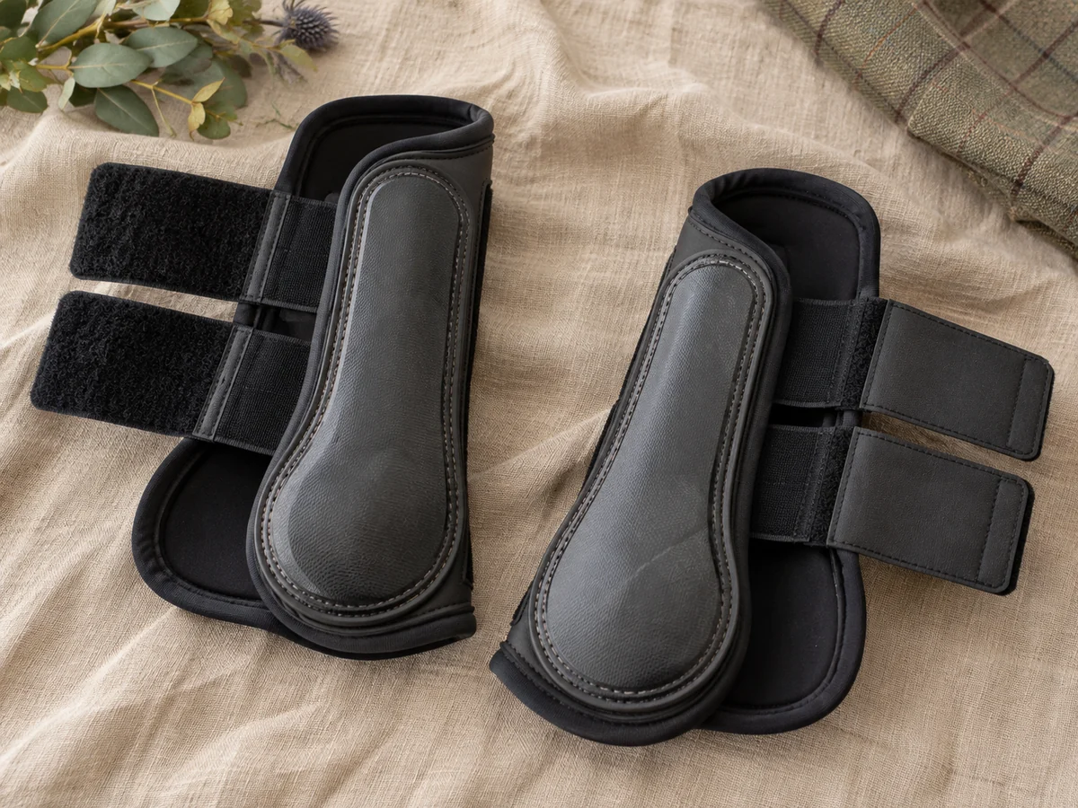 Two open horse brushing boots laid flat on tan linen.
