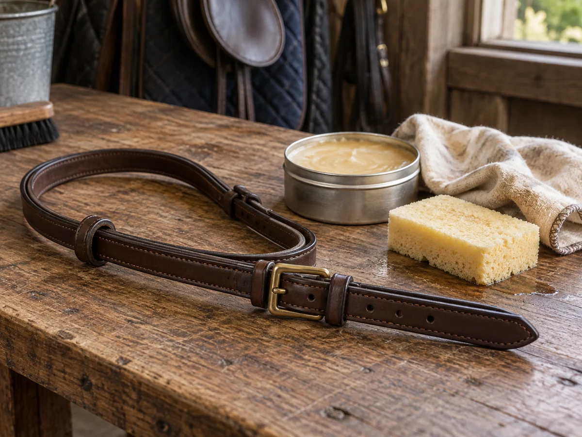 Detached brown leather bridle strap on a wooden table beside a barely damp sponge.