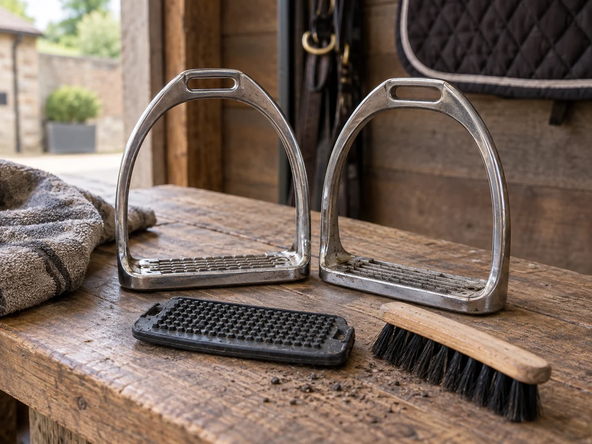 Pair of stainless English stirrup irons and a removed black rubber tread on a wooden cleaning bench.