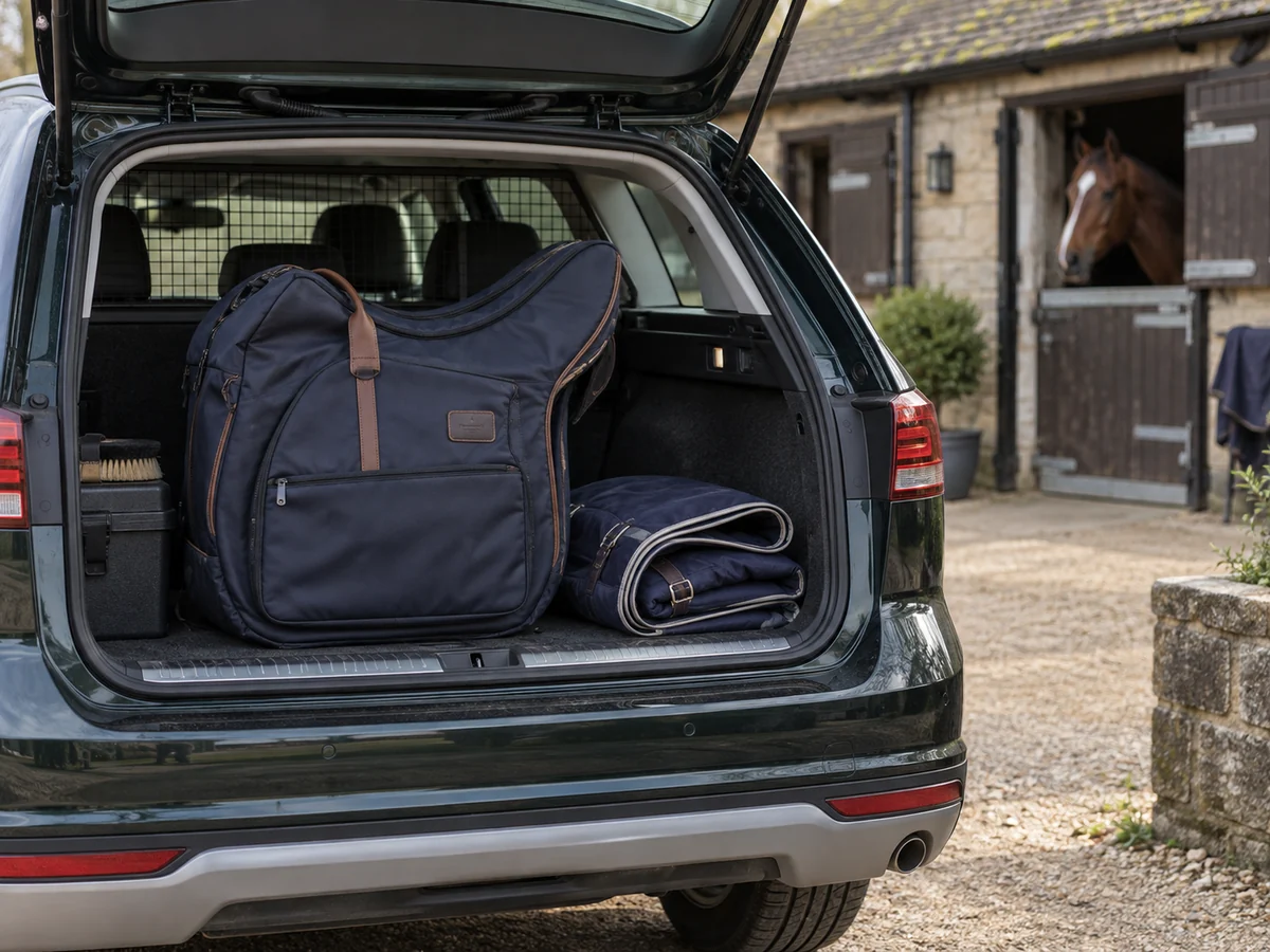 A clean saddle bag and folded protective cloth in the open boot of an estate car outside a stable.