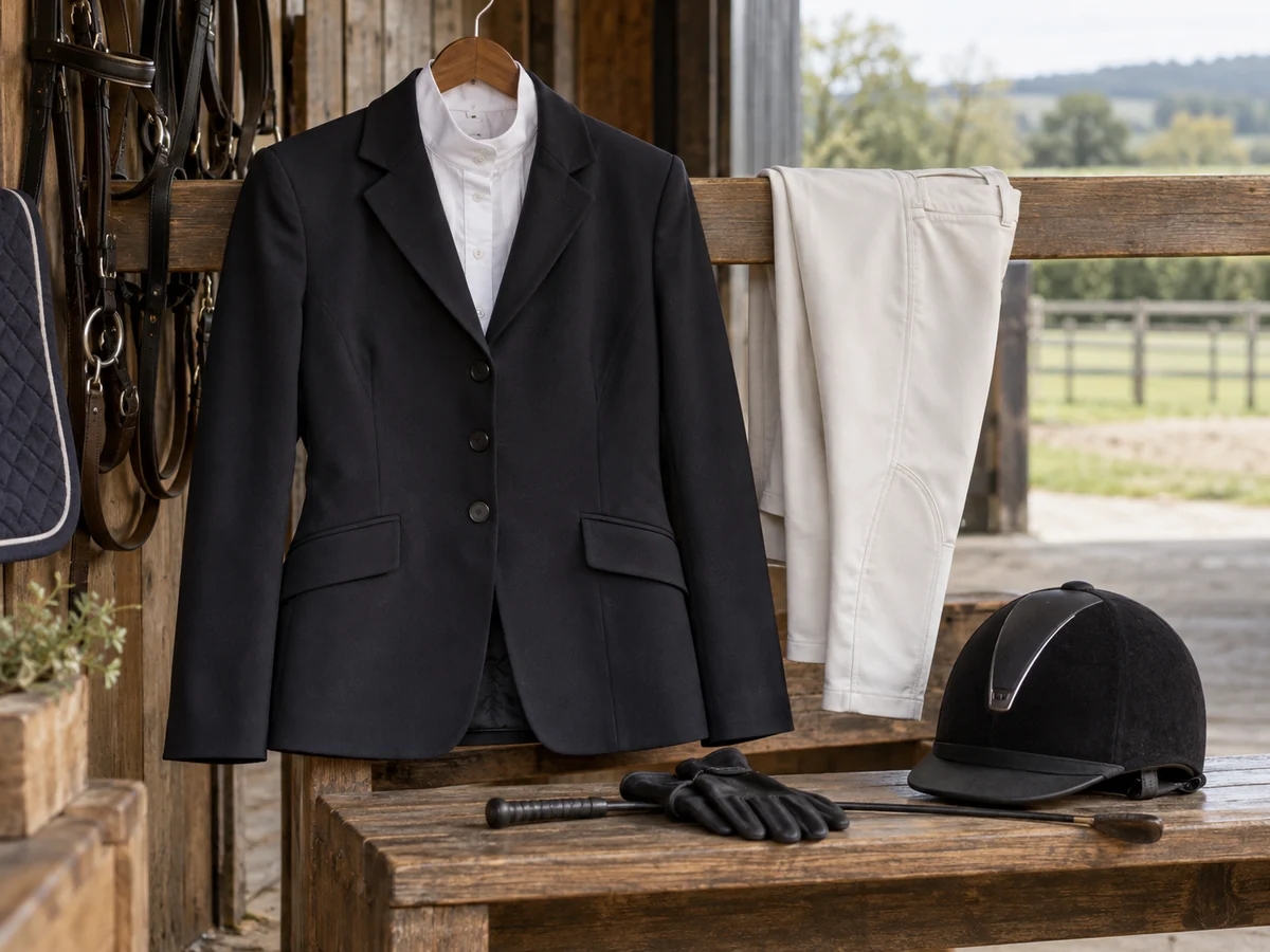 A neatly arranged riding competition outfit on a wooden rail: plain dark show jacket.