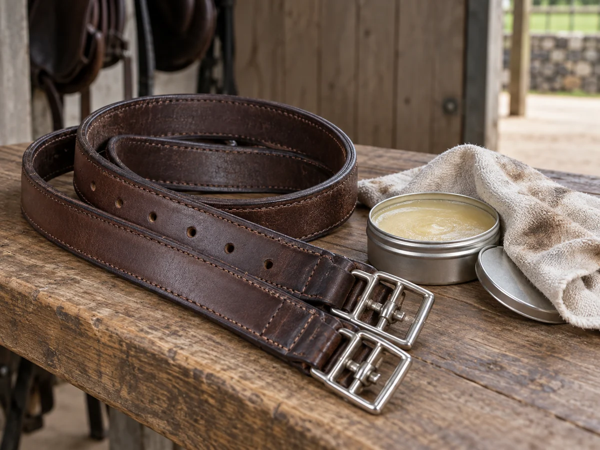 Close still life of a supple brown stirrup leather with a soft cloth and small open unlabelled leather conditioner tin.
