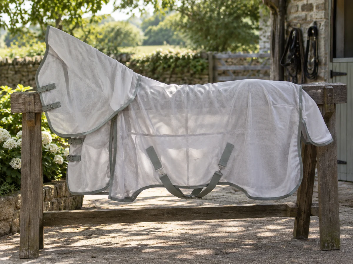A pale mesh horse fly rug neatly spread over a broad rack.