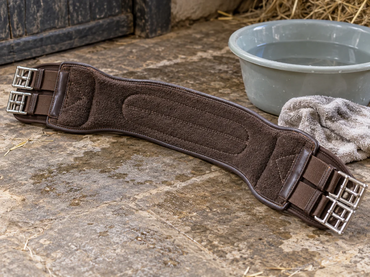 The underside of a detached brown horse girth turned upward beside a soft damp cloth and plain basin.
