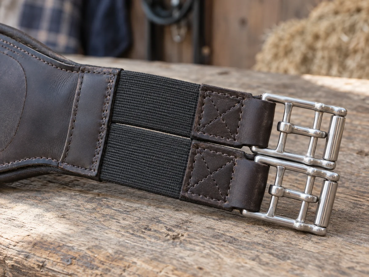 Macro of the end of a horse girth showing short dark elastic sections joining two roller buckles.