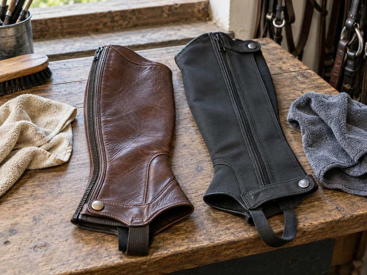 One brown leather half chap and one black synthetic half chap lying open on a workbench beside separate soft cloths.