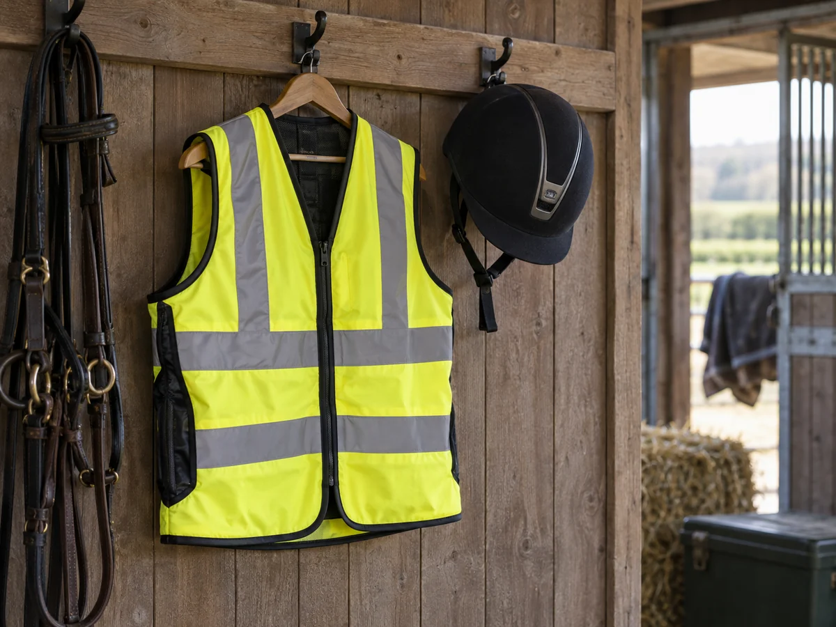 A fluorescent yellow equestrian high-visibility waistcoat with broad silver reflective strips hanging next to a plain riding helmet.