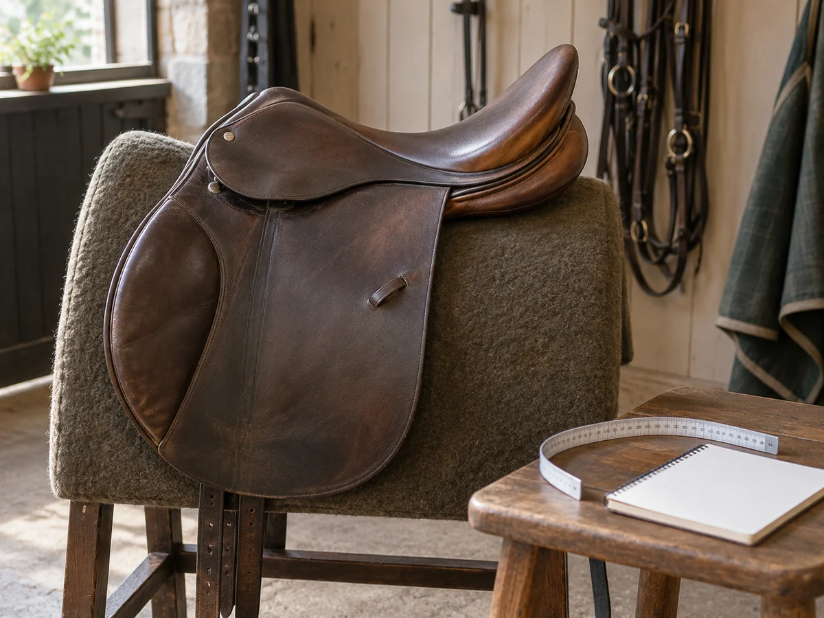An English saddle on a padded stand beside a flexible curve ruler and plain notebook in a quiet fitting area.