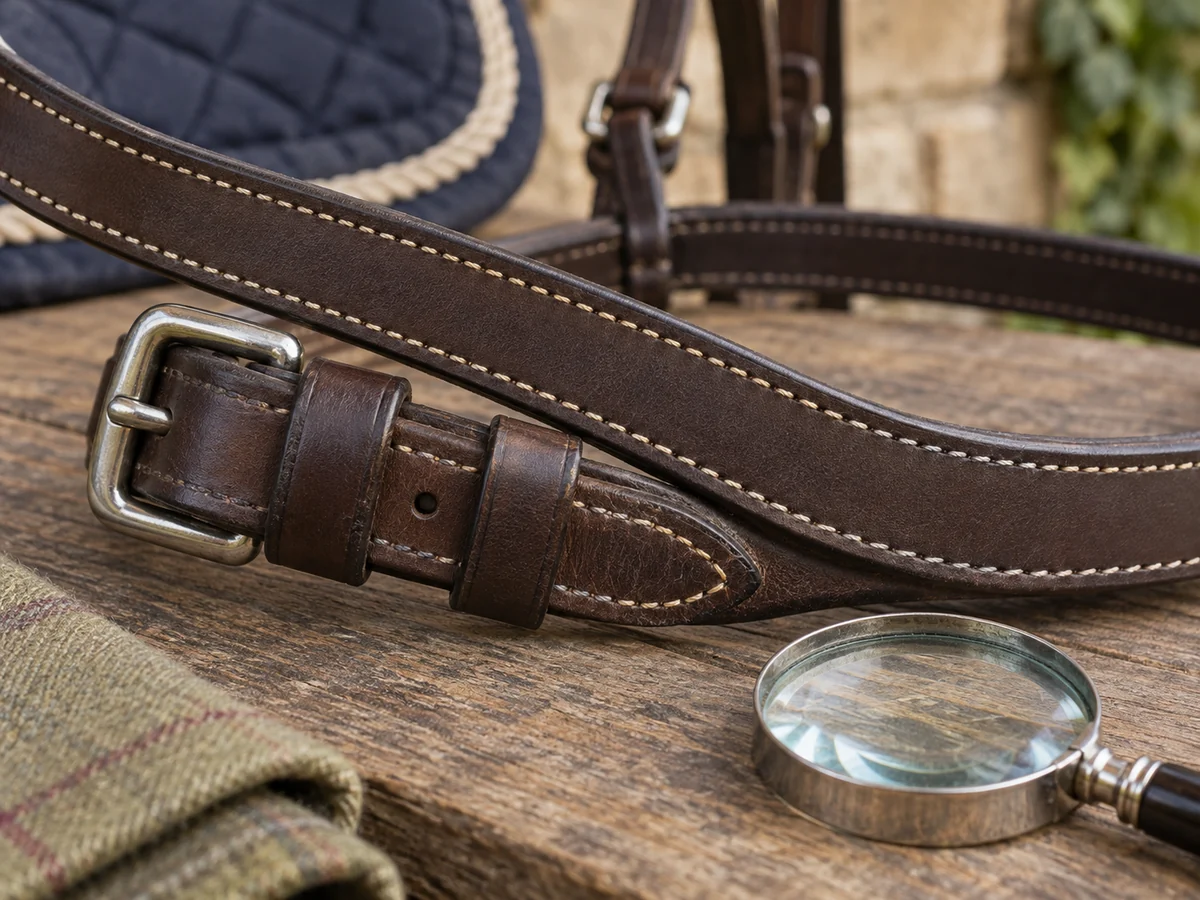 Extreme close-up of regular cream stitches along a dark brown equestrian leather strap.