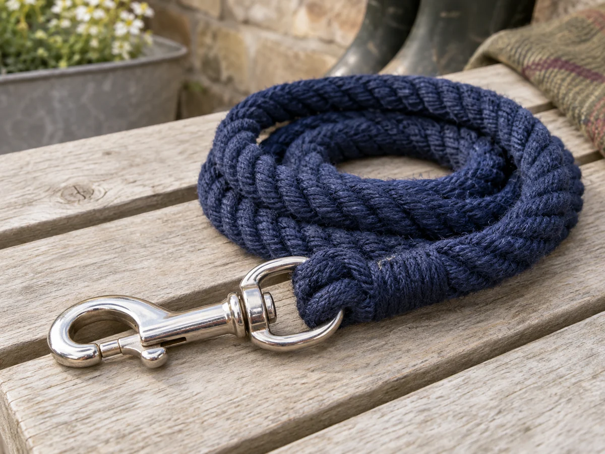 Macro still life of a navy cotton horse lead rope coiled beside its silver swivel trigger clip.