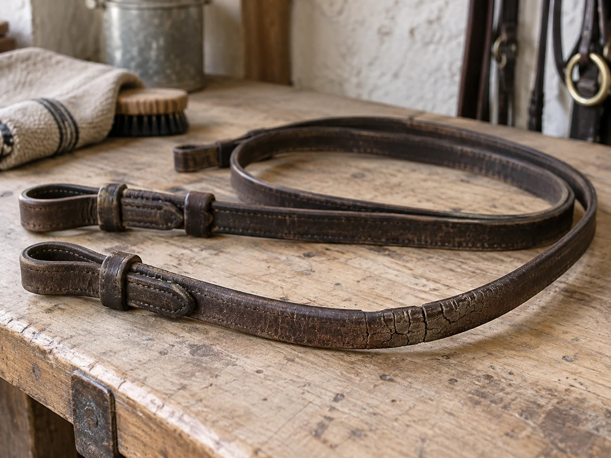 A detached old brown leather rein showing clear surface cracking at a bend on a light workbench.