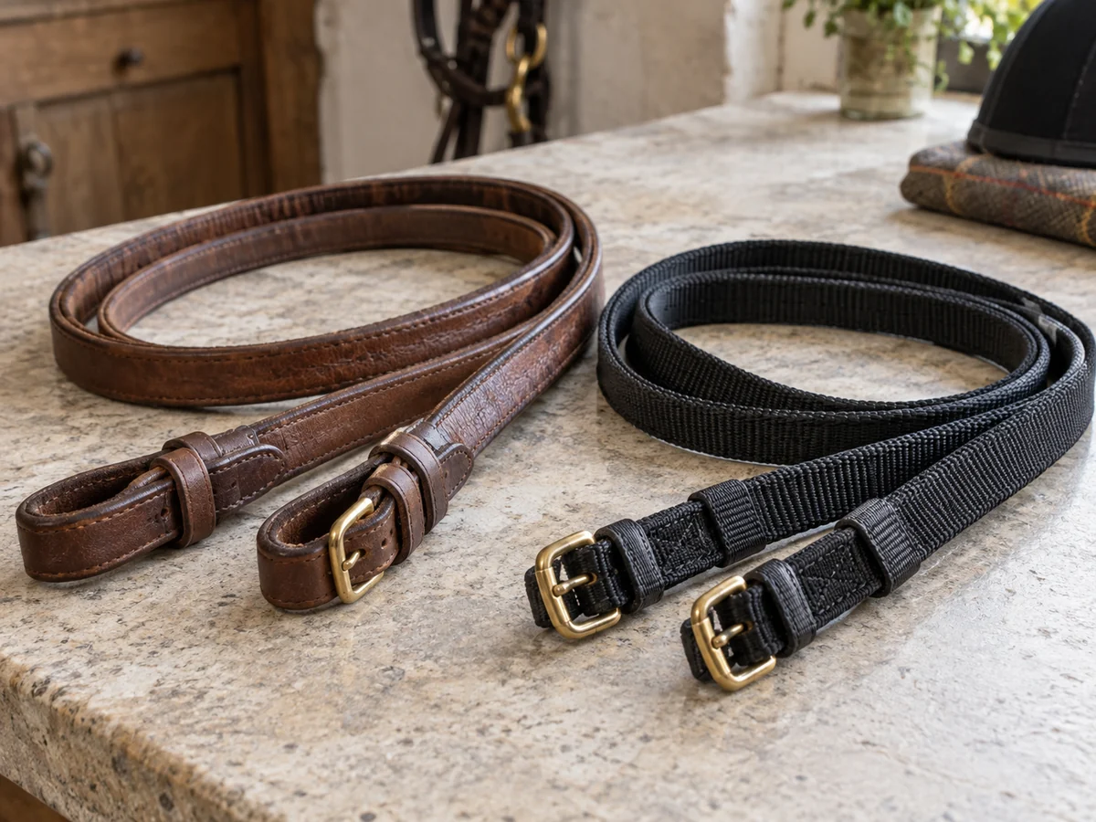 Two detached equestrian rein straps on a pale stone worktop: supple brown leather with visible grain alongside black woven synthetic webbing.