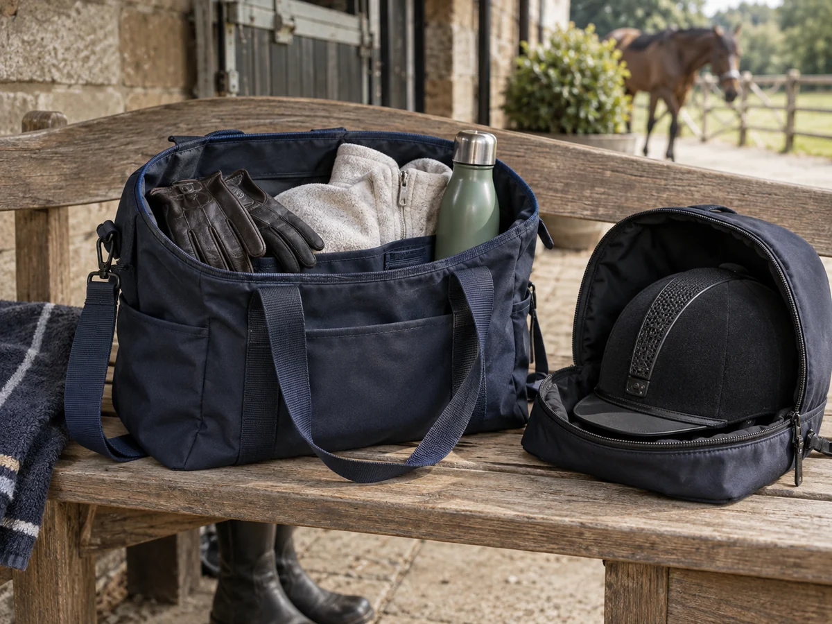 An open navy riding lesson bag holding riding gloves.