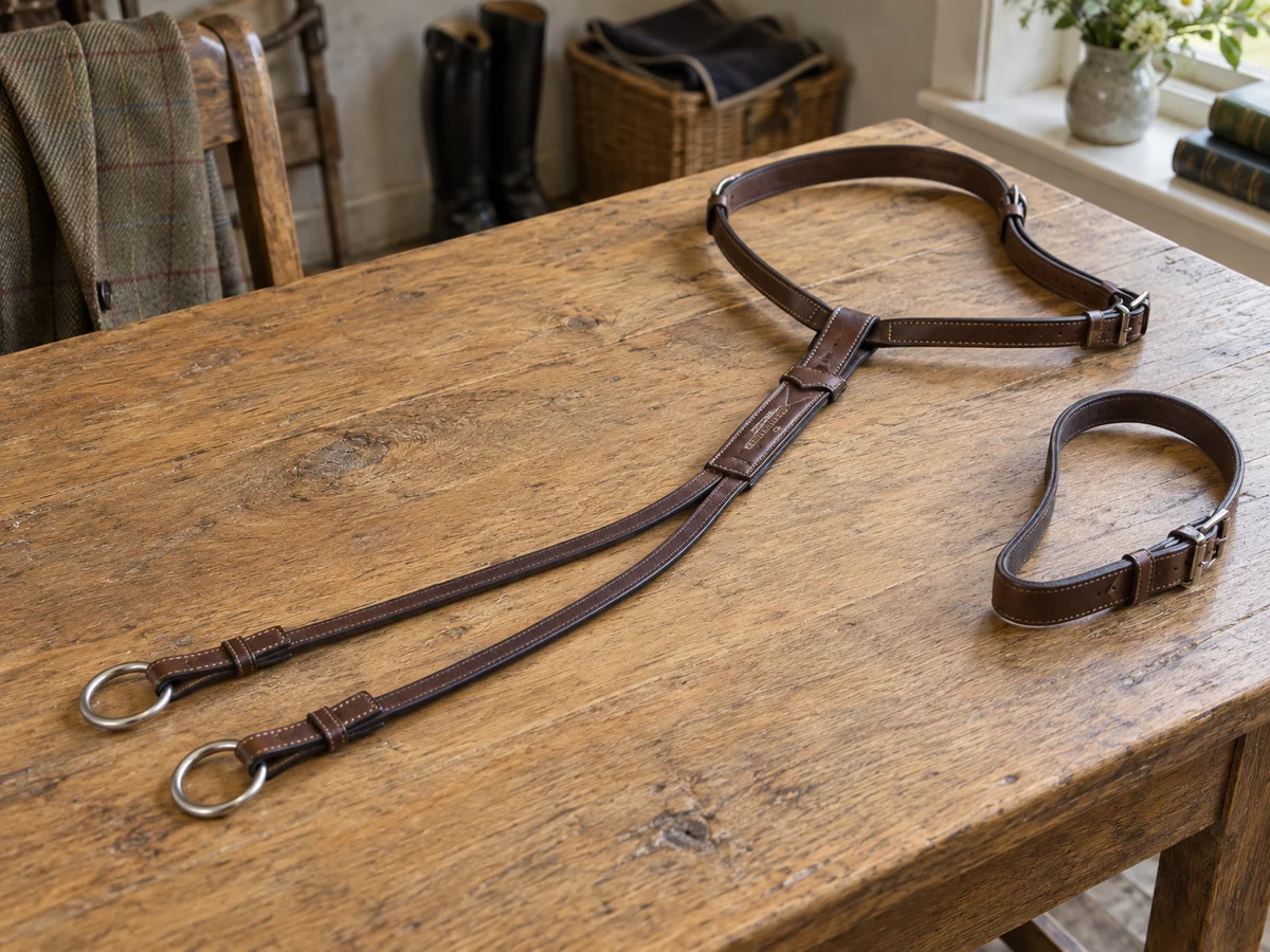 A detached brown leather running martingale laid carefully on an oak table.