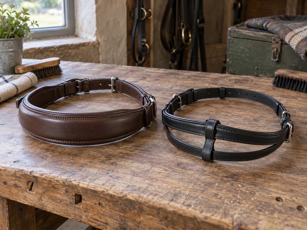 A detached plain padded brown cavesson noseband and separate black flash noseband on a large clean workbench.