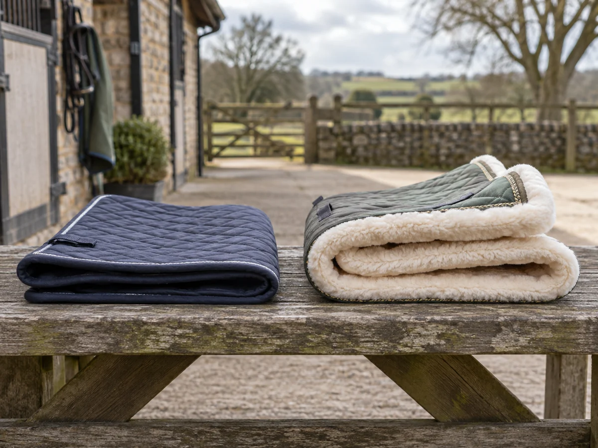 Two folded quilted English saddle pads side by side on a bench with visibly different thicknesses.