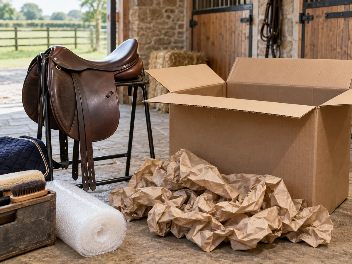 A large open strong cardboard shipping box beside an English saddle on a stand and generous crumpled packing paper.