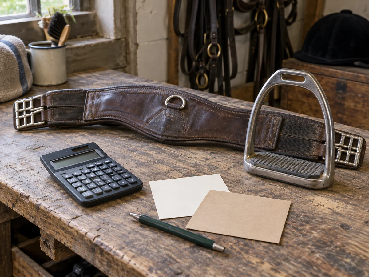 A calculator and two plain note cards next to a used leather girth and stirrup iron on a broad workbench.