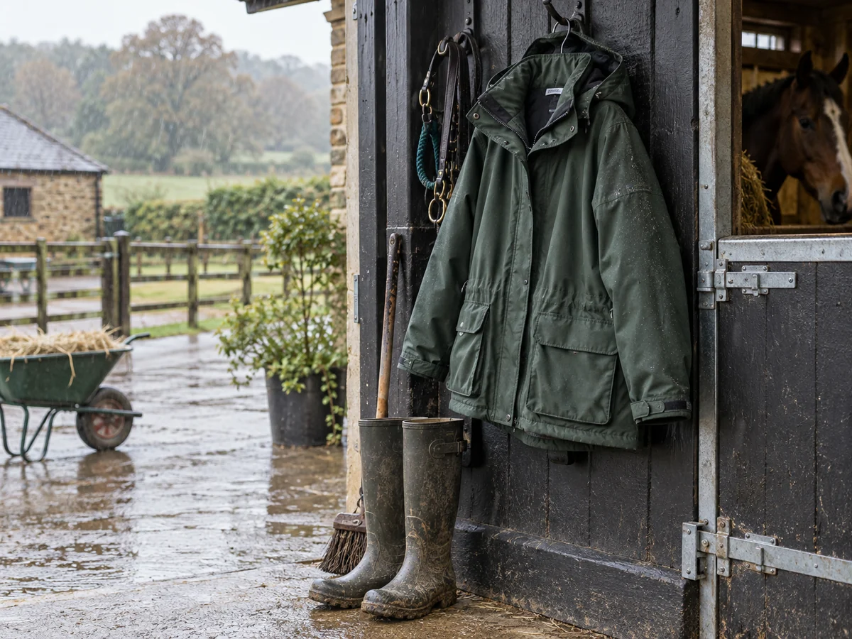 A practical dark green waterproof yard jacket hanging beside wellington boots by a stable utility door.