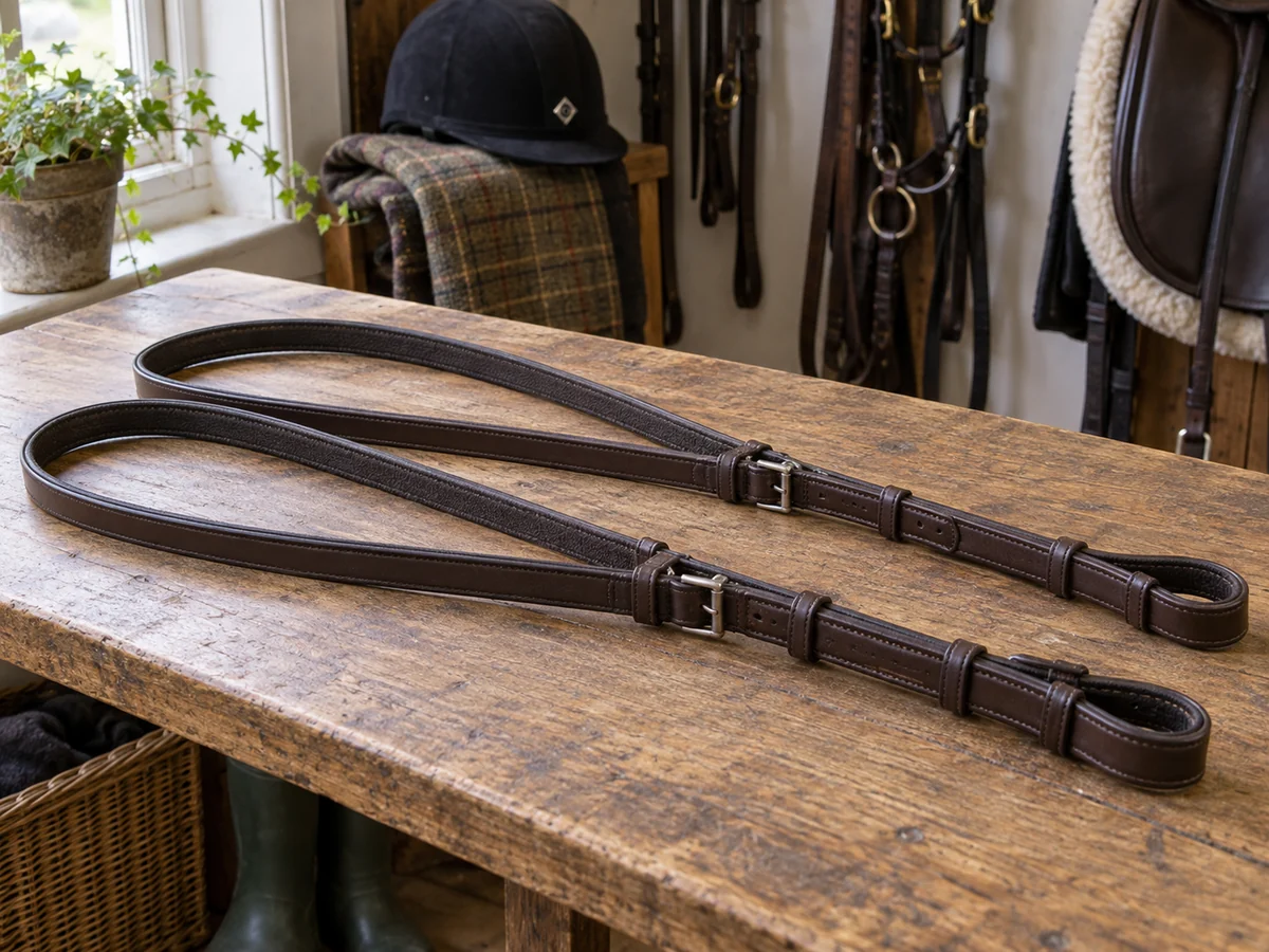 A long pair of leather riding reins laid in two broad parallel loops on a wooden tack room table.