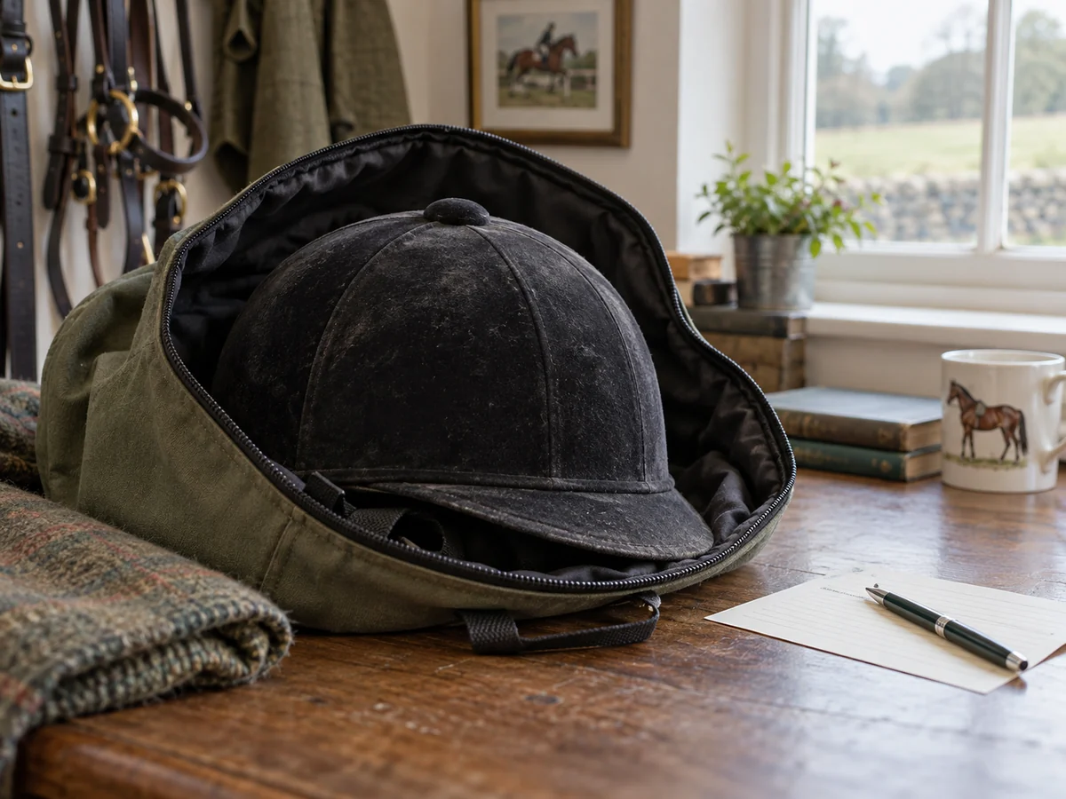 A used equestrian riding helmet set aside in a padded helmet bag on a desk beside a note card.