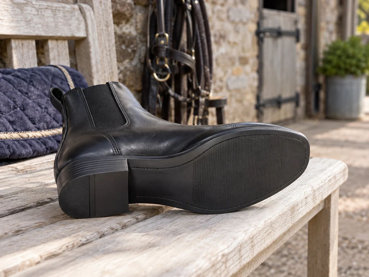 A black leather paddock riding boot lying on its side on a light bench.