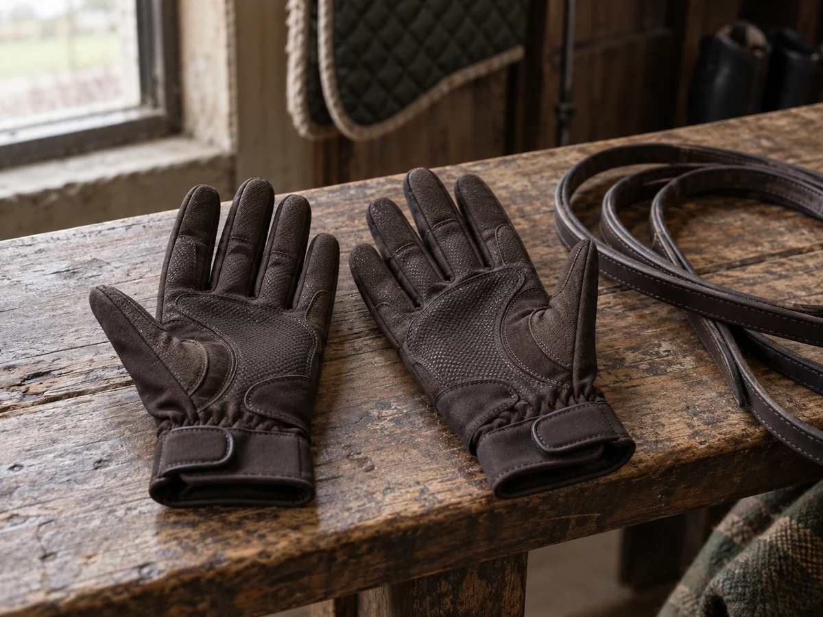 Brown riding gloves and leather reins on a wooden bench.