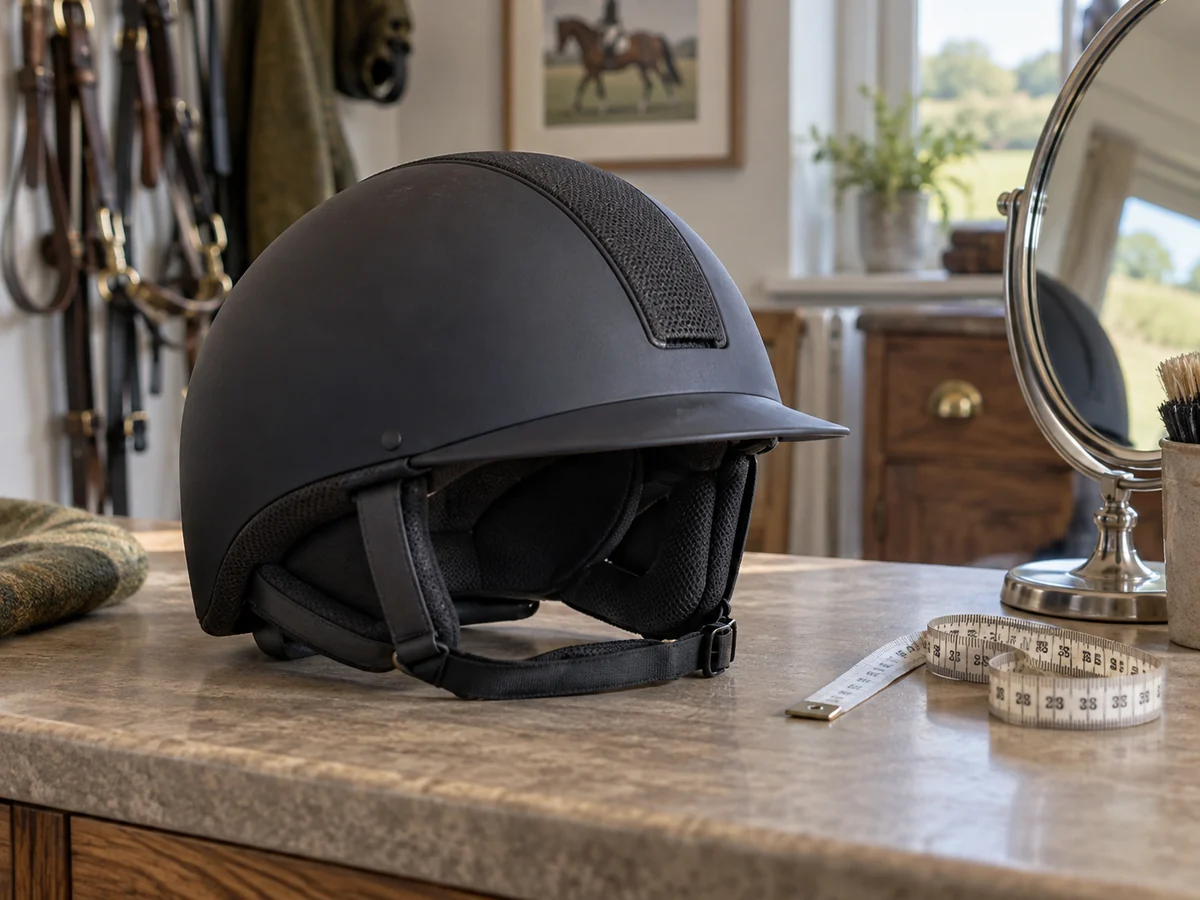 A plain modern equestrian riding helmet on a fitting counter beside a flexible tape measure and mirror.