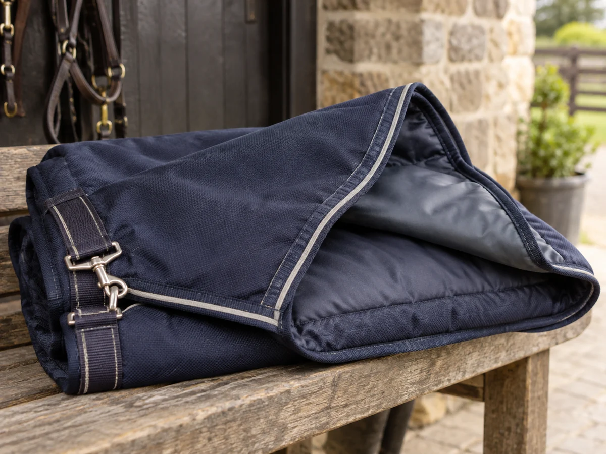 Close view of a folded navy horse rug on a bench.