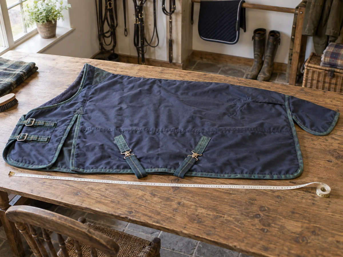 A clean horse turnout rug laid flat on a large wooden table with a flexible tape measure extending alongside its lower edge.