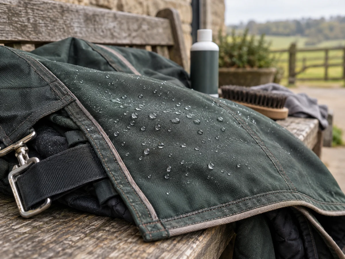 Water droplets beading on the woven outer surface of a dark green turnout rug laid on a bench.