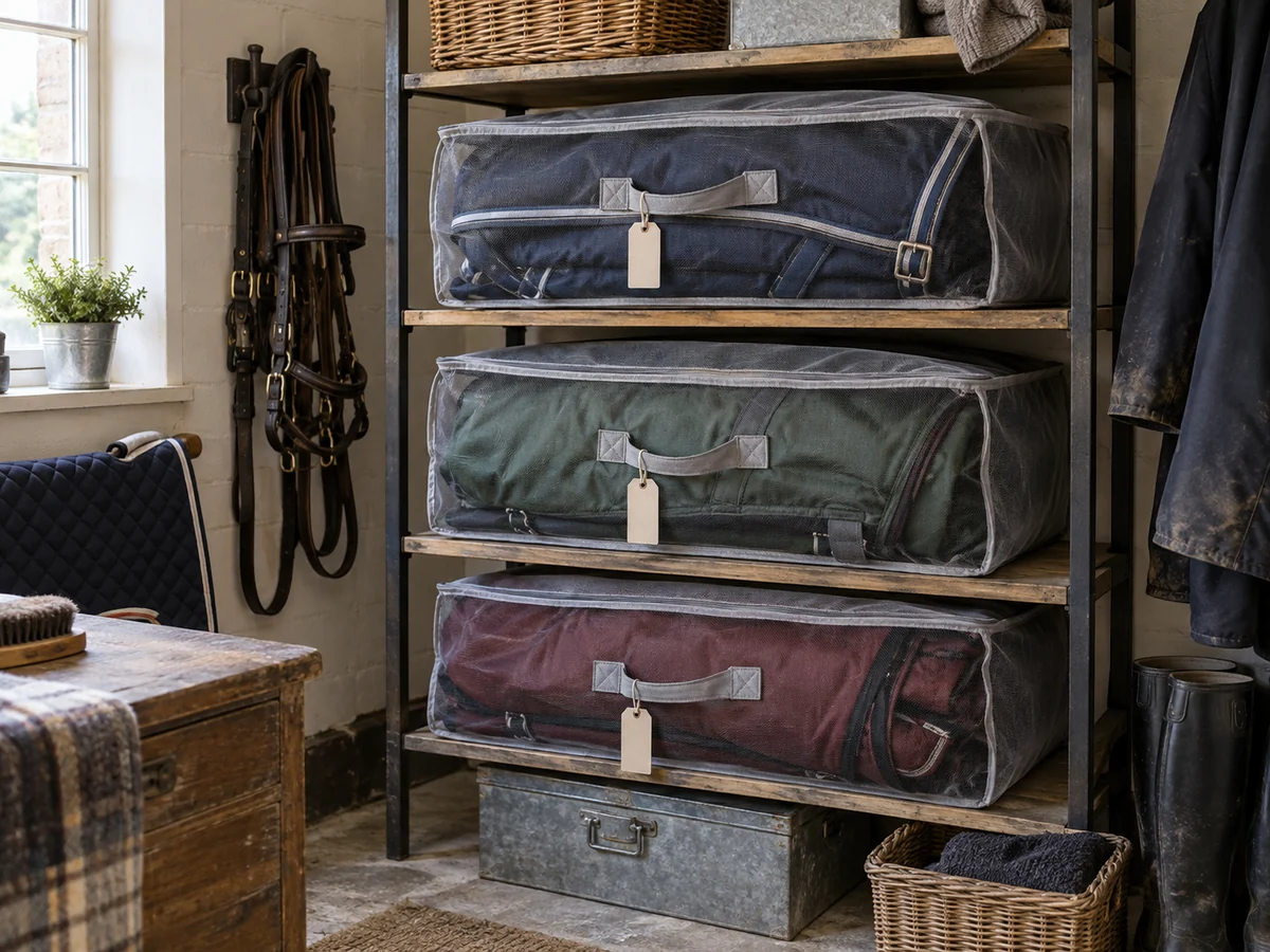 Three clean folded horse rugs in breathable storage bags on sturdy shelves.
