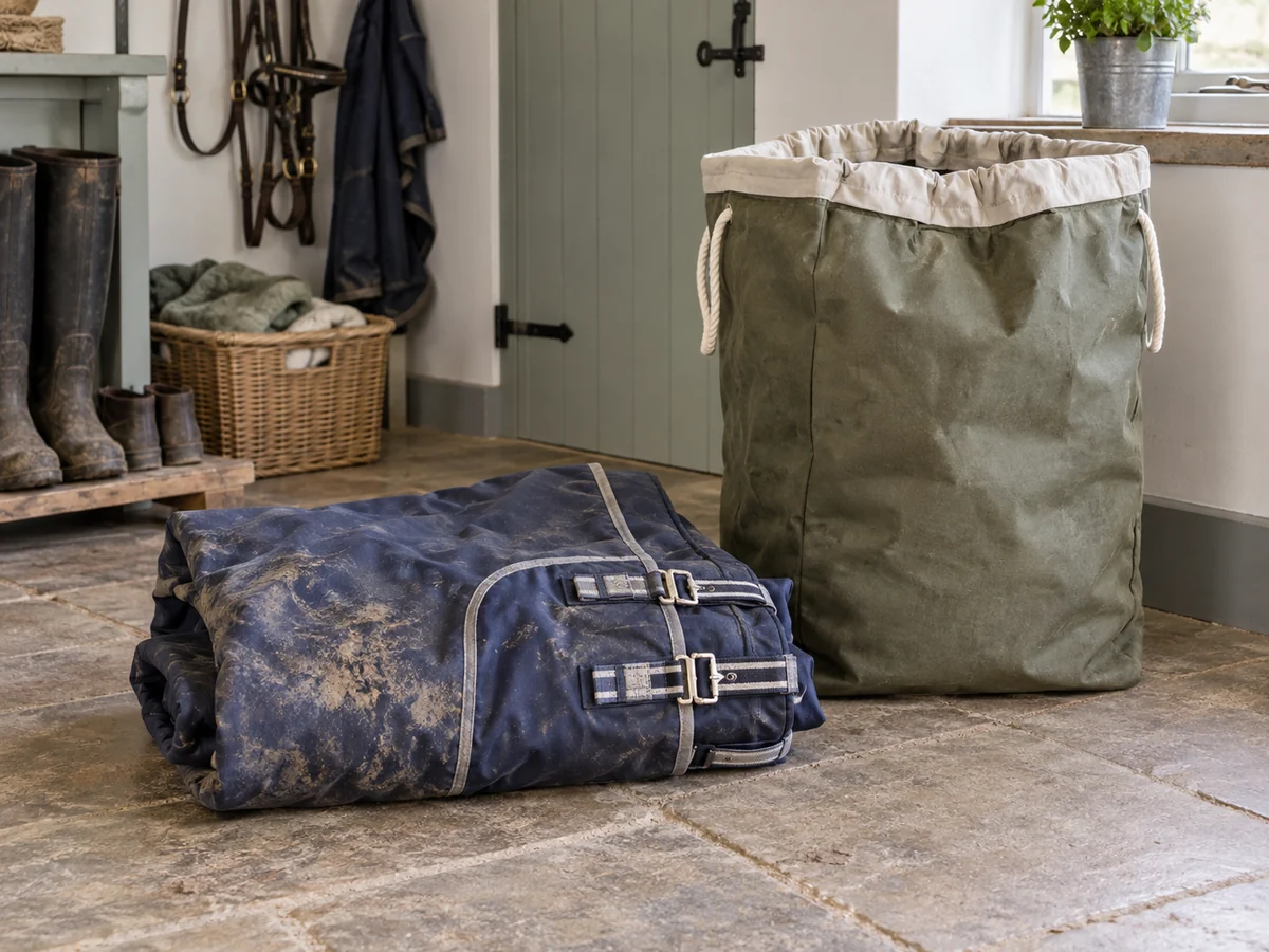 A muddy navy horse rug folded beside a large laundry sack in a practical utility room.
