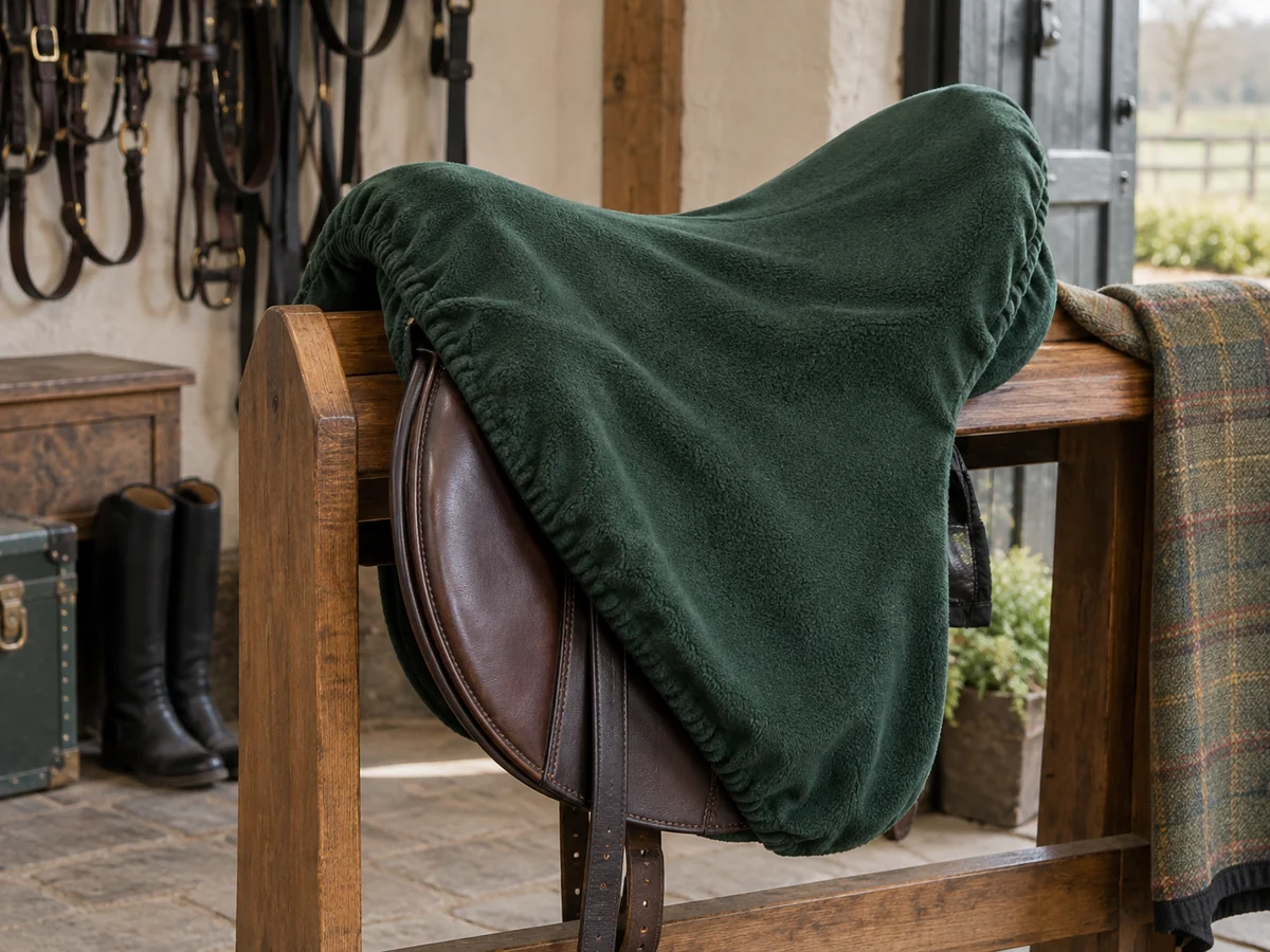 A fitted soft bottle-green fleece saddle cover covering the seat and flaps of an English saddle on a rack.