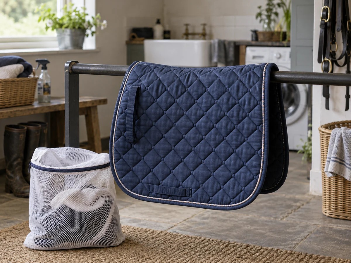 A blue quilted saddle pad draped over a broad drying rail beside a mesh laundry bag.