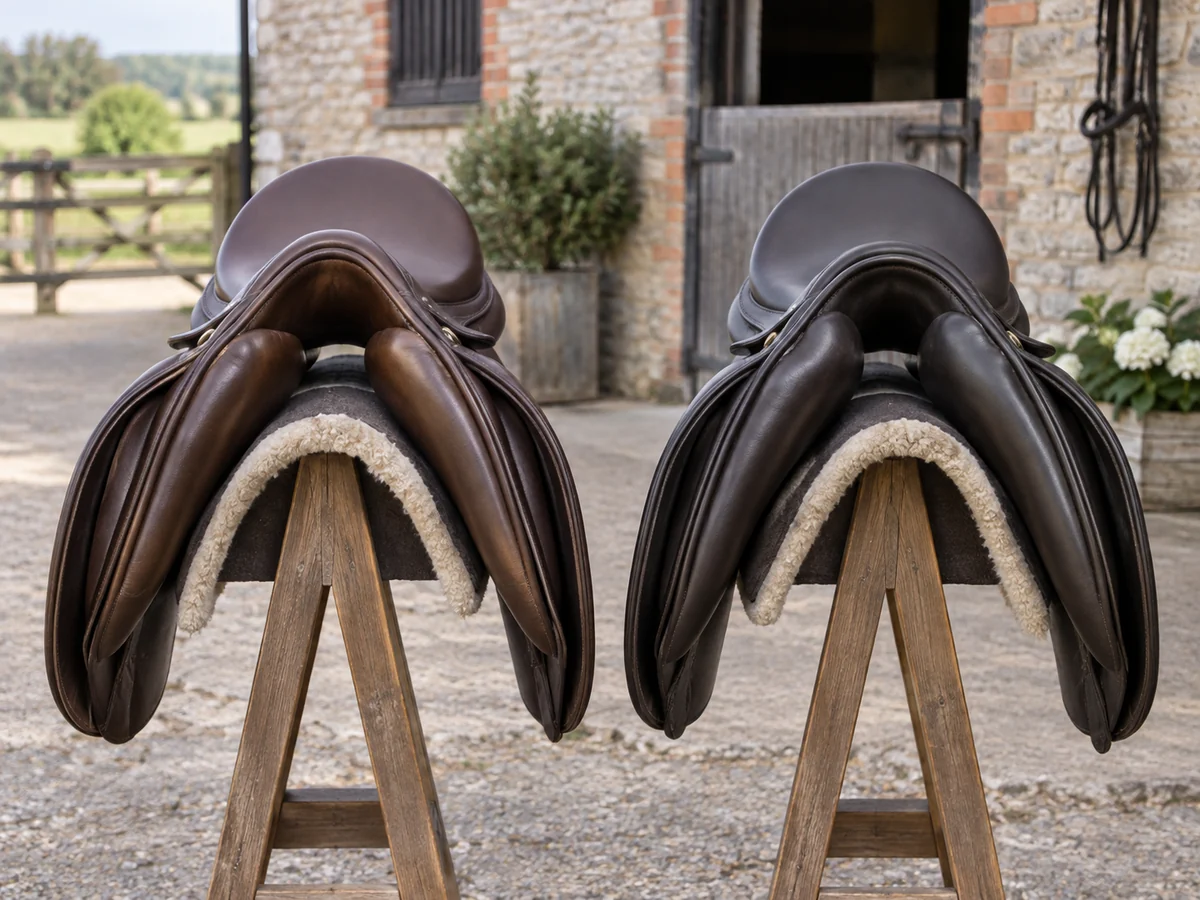 Two English saddles side by side on separate stands photographed from the front.