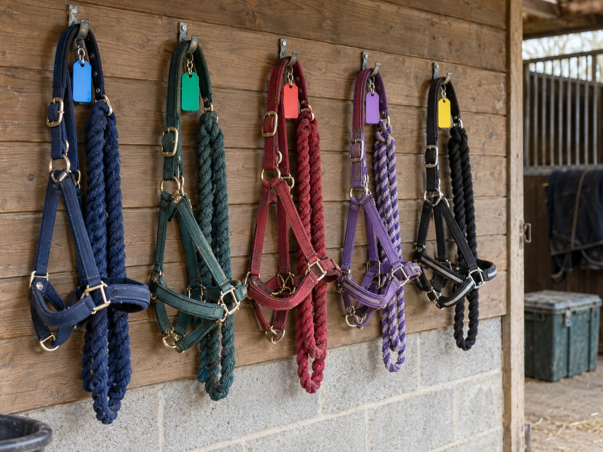 Several separate equestrian headcollars and lead ropes organised on hooks with distinct coloured blank tags.