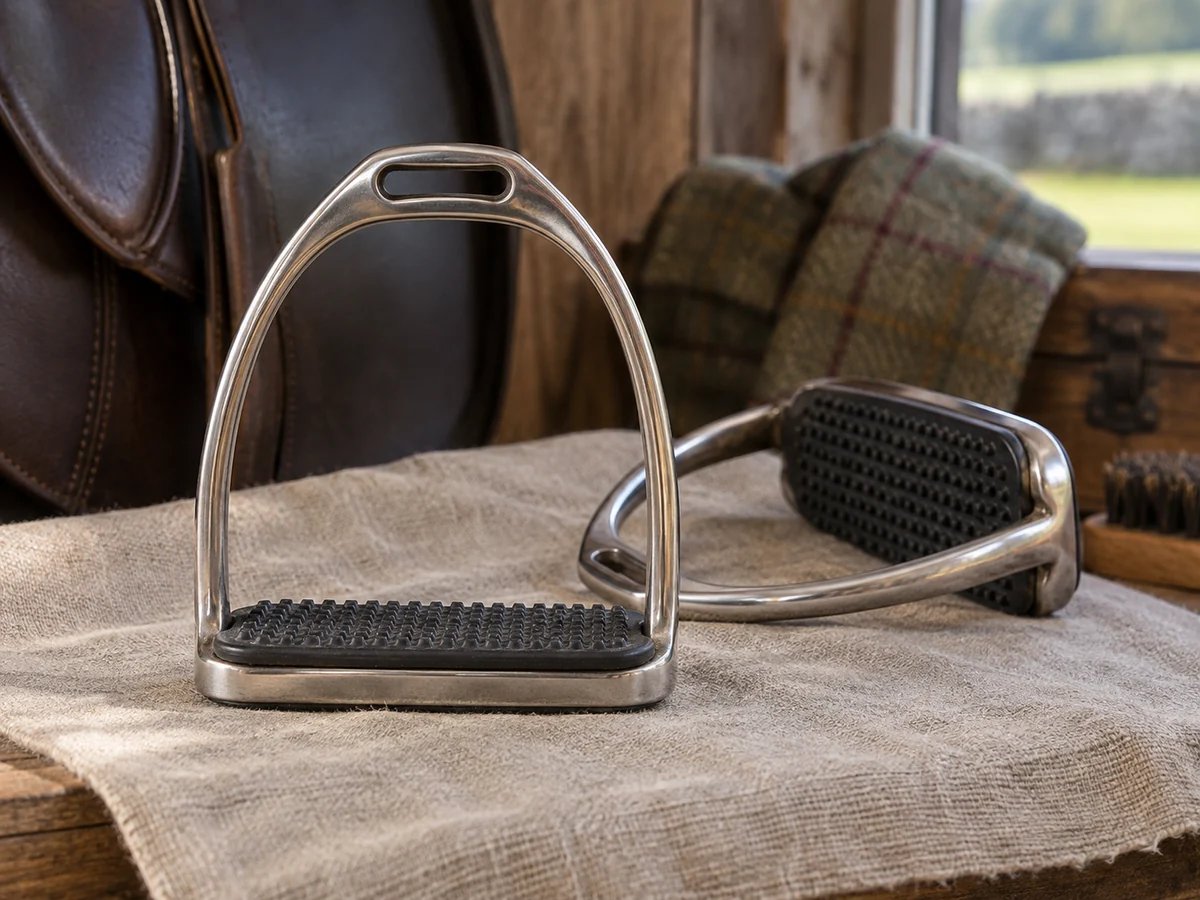 One conventional stainless steel English riding stirrup iron upright on linen.