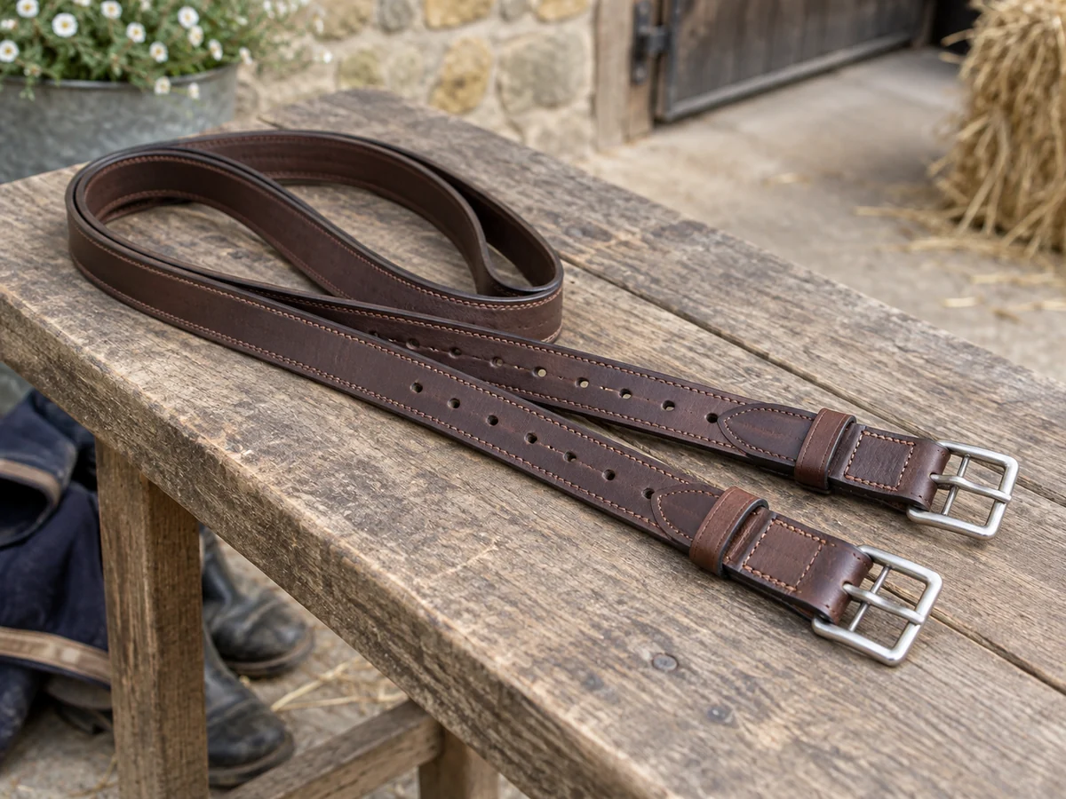 A pair of brown English stirrup leathers neatly laid in long loops on a wooden bench.
