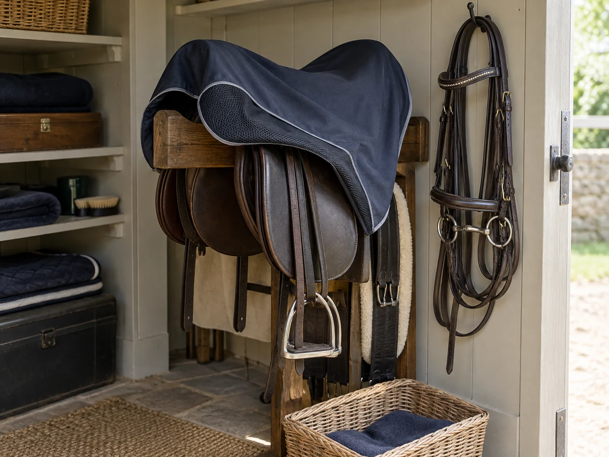 A clean English saddle under a breathable cloth cover on a wide rack with a leather bridle hanging separately.